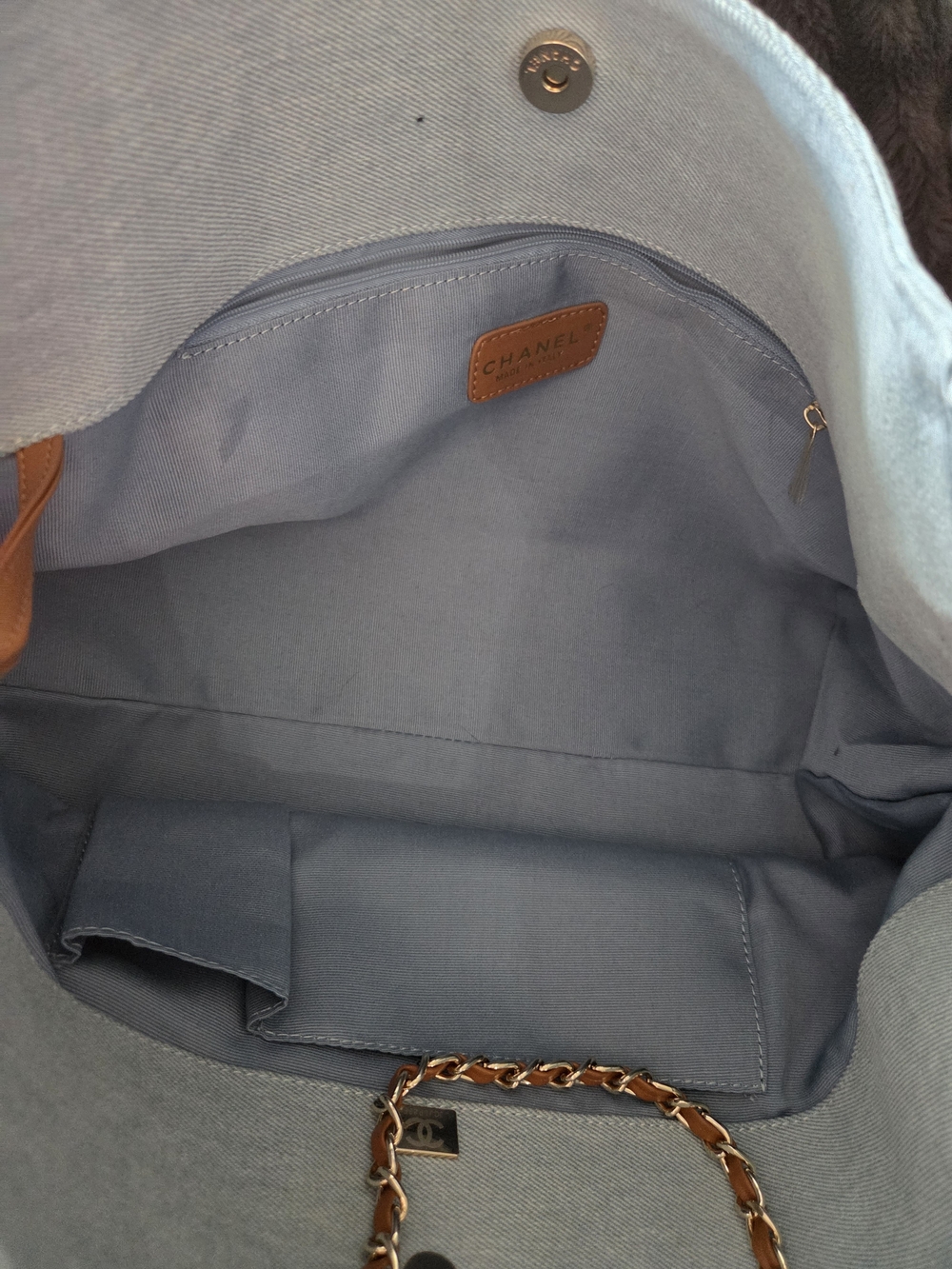 Light Blue Denim Tote With Brown Leather Detail - Picture 6 of 11